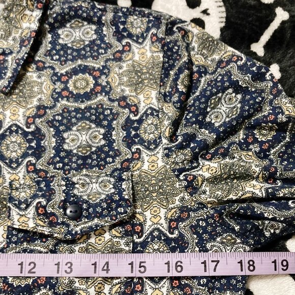 SUZY SHIER Navy blue geometric floral print button-down shirt ~ SMALL MEDIUM top - Picture 7 of 12